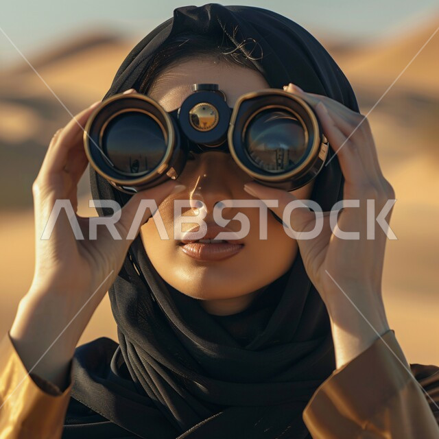 The concept of future planning for goals and ambitions, seeing distant things through binoculars, love of exploration and adventure, a veiled Saudi Arabian Gulf girl wearing elegant clothes and looking through a binocular, natural background