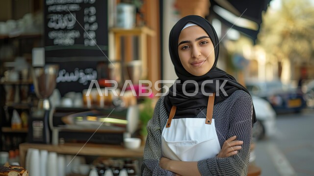 مفهوم الأنوثة والنعومة، الأناقة والاهتمام بالمظهر الخارجي، صورة مقربة لامرأة عربية خليجية محجبة مبتسمة ترتدي مريلة الطبخ تقف بإيماءات أيدي متقاطعه تنظر إلى الكاميرا بتعابير السعادة والسرور، السلع والمواد الغذائية المختلفة، ،قضاء وقت ممتع في القسم التجاري، مهارات وفنون الطبخ