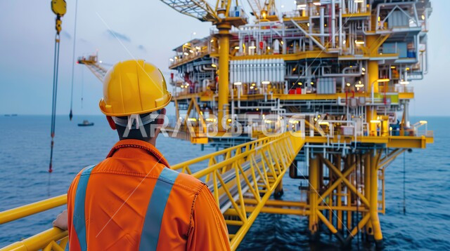 استخدام التقنيات والتكنولوجيا الحديثة في إنتاجية الغاز في المملكة العربية السعودية,صورة من الخلف لرجل عربي خليجي سعودي يرتدي الخوذة و سترة الحماية يتابع سير أعمال المصنع، مهن ووظائف هندسية، خلفية مصفاة البترول، جودة معامل ومعدات إنتاج النفط