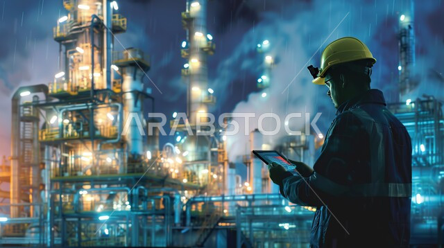 Steel pipelines and cables, monitoring the progress of work in factories and plants, close-up of a Saudi Arabian Gulf engineer holding a laptop in his hand working in an oil and gas refining plant, working in the field of petrochemical industries and projects, the concept of gas productivity in the Kingdom of Saudi Arabia