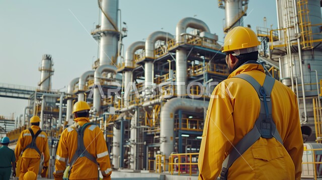 جودة معامل ومعدات إنتاج النفط, استخدام التقنيات والتكنولوجيا الحديثة في إنتاجية الغاز في المملكة العربية السعودية,صورة من الخلف لرجل عربي خليجي سعودي يرتدي الخوذة و سترة الحماية يتابع سير أعمال المصنع، مهن ووظائف هندسية، خلفية مصفاة البترول