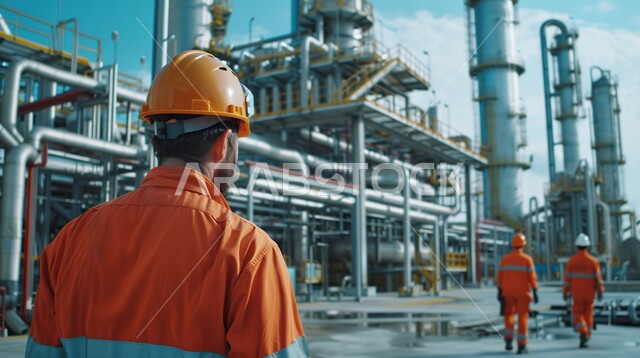 استخدام التقنيات والتكنولوجيا الحديثة في إنتاجية الغاز في المملكة العربية السعودية,صورة من الخلف لرجل عربي خليجي سعودي يرتدي الخوذة و سترة الحماية يتابع سير أعمال المصنع، مهن ووظائف هندسية، خلفية مصفاة البترول، جودة معامل ومعدات إنتاج النفط