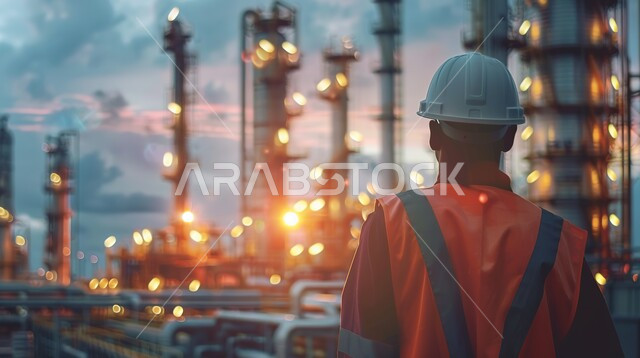 جودة معامل ومعدات إنتاج النفط, استخدام التقنيات والتكنولوجيا الحديثة في إنتاجية الغاز في المملكة العربية السعودية,صورة من الخلف لرجل عربي خليجي سعودي يرتدي الخوذة و سترة الحماية يتابع سير أعمال المصنع، مهن ووظائف هندسية، خلفية مصفاة البترول