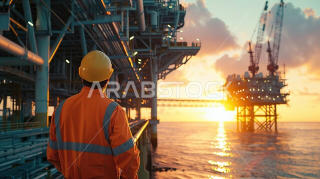 جودة معامل ومعدات إنتاج النفط, استخدام التقنيات والتكنولوجيا الحديثة في إنتاجية الغاز في المملكة العربية السعودية,صورة من الخلف لرجل عربي خليجي سعودي يرتدي الخوذة و سترة الحماية يتابع سير أعمال المصنع، مهن ووظائف هندسية، خلفية مصفاة البترول