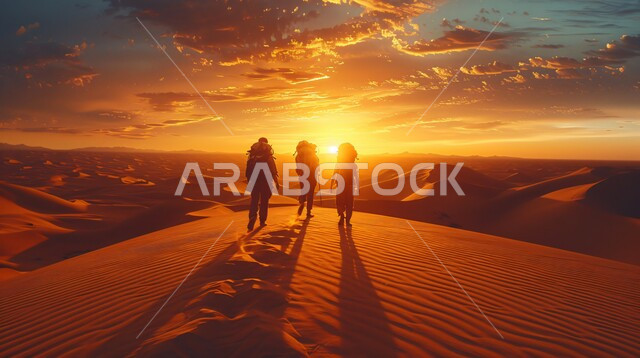 مراقبة مشهد غروب الشمس في الصحارى، الهضاب والتلال الرملية، لرمال الذهبية الناعمة، صورة من الخلف لثلاث أصدقاء عرب خليجيون سعوديون يرتدون حقيبة سفرية ويقفون في منتصف الصحراء، المناطق الطبيعية الصحراوية في المملكة العربية السعودية 