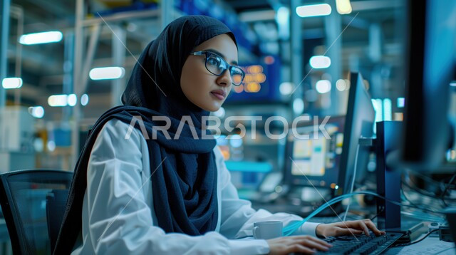  متابعة ومناقشة الاعمال عن بعد من خلال الانترنت، صورة مقربة لامرأةامرأة عربية خليجية سعودية محجبة ترتدي الزي التقليدي وتعمل على الحاسب المحمول، مهن ووظائف نسائية مكتبية، استخدام التكنولوجيا الحديثة والمتطورة