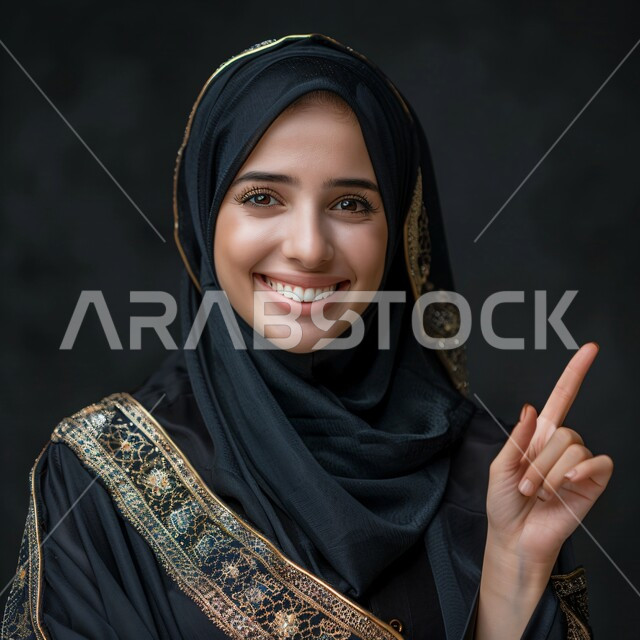 Facial gestures indicating joy and happiness, portrait of a smiling veiled Saudi Arabian Gulf woman wearing an abaya pointing her index finger up, making different hand gestures, black background