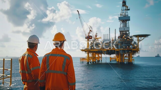 العمل في مجال الصناعات والمشاريع البيتروكيماوية، مفهوم إنتاجية الغاز في المملكة العربية السعودية، خطوط الأنابيب والكابلات الفولاذية، متابعة سير الاعمال في المصانع والمعامل، صورة مقربة من الخلف لمهندسين عربيين خليجيين سعوديين يعملان في مصنع تكرير النفط والغاز