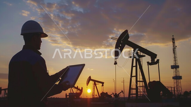 العمل في مجال الصناعات والمشاريع البيتروكيماوية، مفهوم إنتاجية الغاز في المملكة العربية السعودية، خطوط الأنابيب والكابلات الفولاذية، متابعة سير الاعمال في المصانع والمعامل، صورة مقربة لمهندس عربي خليجي سعودي يحمل بيده الحاسوب المحمول يعمل في مصنع تكرير النفط والغاز