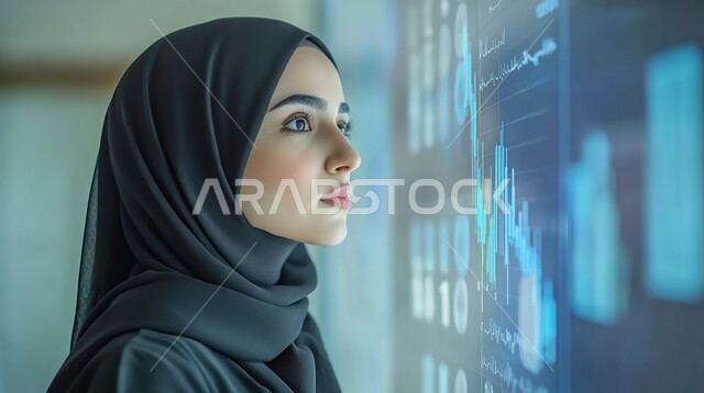 سوق البورصة العالمي، تداول العملة الرقمية، دمج التكنولوجيا المتطورة مع العمل، مراقبة الرسوم البيانيه الهولوجراميه على الشاشات الالكترونيه المضيئه، صورة مقربة من الجانب لامرأة عربية خليجية سعودية محجبة ترتدي العباءة السوداء تقوم بمراقبة ارتفاع وانخفاض الأسهم