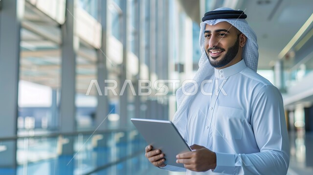 ادارة مهام العمل اليومية داخل مقر الشركة، استخدام الاجهزة التقنية الحديثة في العمل، مهن ووظائف سعودية،  رجل عربي سعودي مبتسم يرتدي الشماغ و الثوب السعودي التقليدي ينظر الى مكان ما يحمل بيده جهاز التابلت