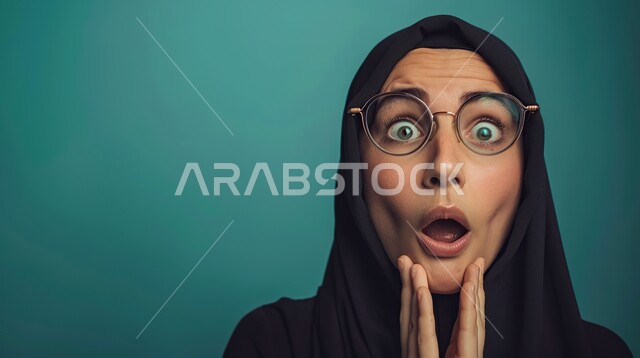 تعابير الدهشة والخوف، التعجب والصدمة من حصول أمر ما، بورتربه مقرب لامرأة عربية خليجية سعودية محجبة ترتدي عباءة تضع يديها على وجهها بإيماءات تدل على الذهول