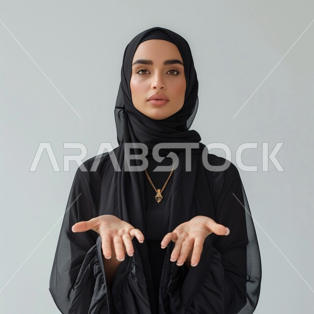 الإهتمام والعنايه بالمظهر الخارجي، بورتريه لامرأة عربية خليجية سعودية محجبة ترتدي عباءة سوداء تنظر إلى الكاميرا بايماءات الثقة بالنفس وتمد يديها للأمام، تعابير الجدية والحزم، مفهوم الأنوثة والنعومة، خلفية رمادية 