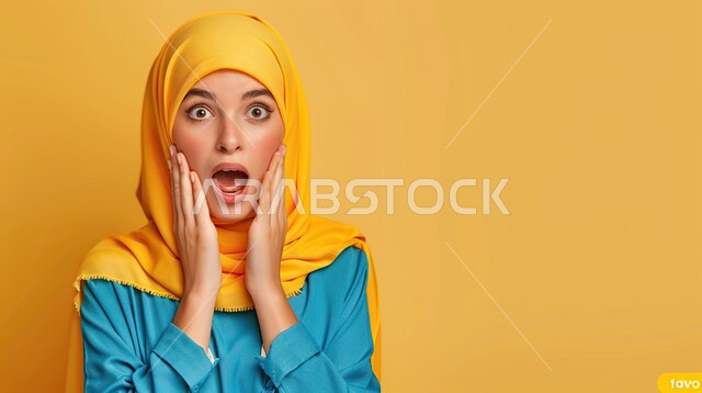 تعابير الدهشة والخوف، التعجب والصدمة من حصول أمر ما، بورتربه مقرب لامرأة عربية خليجية سعودية محجبة ترتدي عباءة تضع يديها على وجهها بإيماءات تدل على الذهول، خلفية صفراء