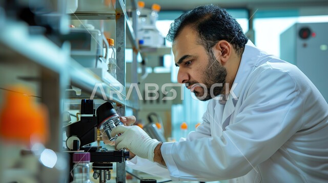مختبرات الفحوصات الطبية والتحاليل الكيمائية، علم العقاقير والصناعات الدوائية الحيوية في الامارات، استخدام الأنابيب المعقمة لتحليل العينات المختلفة، صورة مقربة لطبيب مخبري عربي خليجي سعودي يقوم بإجراء التجارب والبحوث العلمية في المختبر