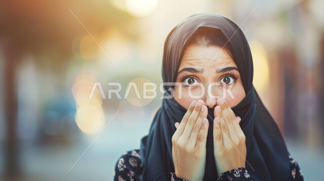 تعابير الدهشة والخوف، التعجب والصدمة من حصول أمر ما، صورة مقربة لامرأة عربية خليجية سعودية محجبة ترتدي عباءة تضع يديها على وجهها وتنظر الى الكاميرا بإيماءات تدل على الذهول