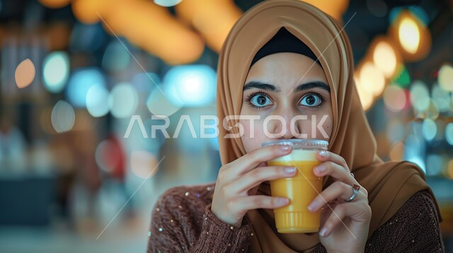 Expressions of surprise and fear, astonishment and shock at something happening, close-up of a veiled Saudi Arabian Gulf woman wearing an abaya holding a cup of juice looking at the camera with gestures indicating astonishment