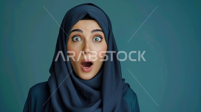 تعابير الدهشة والخوف، التعجب والصدمة من حصول أمر ما، بورتربه مقرب لامرأة عربية خليجية سعودية محجبة ترتدي عباءةتنظر الى الكاميرا بإيماءات تدل على الذهول، خلفية زرقاء