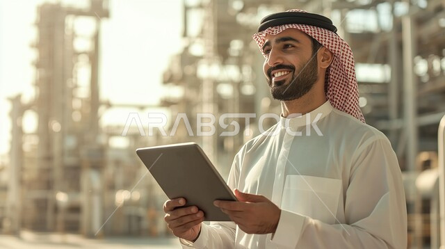 مهن ووظائف هندسية سعودية، الات الحفر والبناء في مقر الإنشاءات، الاشراف على المشاريع في موقع العمل، تطور ونمو القطاع الهندسي في المملكة، صورة مقربة من الجانب لمهندس عربي خليجي سعودي مبتسم يرتدي الزي التقليدي يحمل بيده التابلت