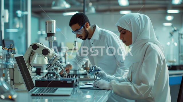 الاعتماد على التشغيل الآلي في معامل المملكة العربية السعودية، علوم و تكنولوجيا عمل المصانع، تحقيق الثورة الصناعية، العمل المشترك بين العنصر البشري والألي، صورة مقربة لمهندسين عرب خليجيين سعوديين يقومون بالتأكد والتحقق من عمل الروبوت بشكل صحيح، اذرع روبوتات الصناعة الذكية المتطورة في التصنيع