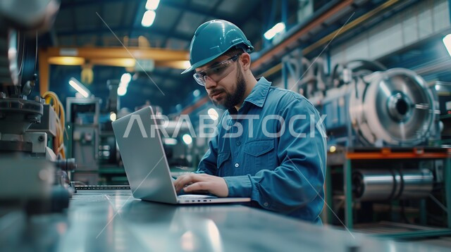 التحكم بالمعدات باستخدام التقنية والتكنولوجيا, صورة مقربة لطمهندس عربي خليجي سعودي يعمل على جهاز الحاسوب المحمول، مهن ووظائف صناعية في السعودية، التطور والتحول التقني الحديث، المتابعة والإشراف على آلات المعمل