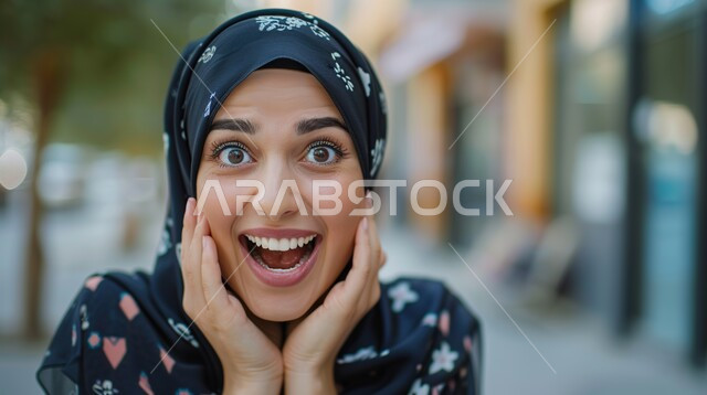تعابير الفرح والسعادة، التعجب والصدمة من حصول أمر سار، صورة مقربة لامرأة عربية خليجية سعودية محجبة ترتدي عباءة تضع يديها على وجهها تنظر الى الكاميرا بإيماءات تدل على الذهول والسرور