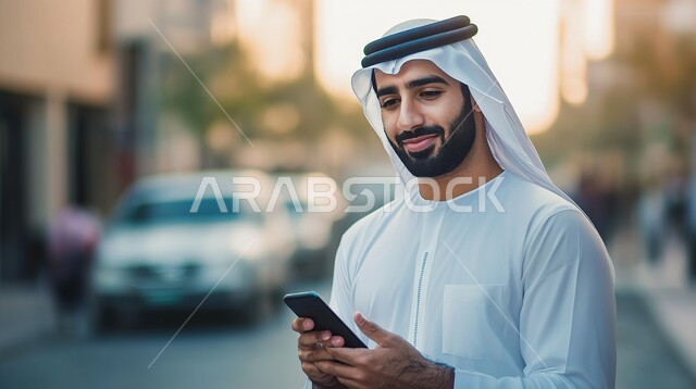 استخدام الهاتف المحمول، ايماءات السعادة والسرور، تصفح الانترنت ومواقع التواصل الاجتماعي، التحدث والدردشة مع الأهل والأصدقاء عبر الموبايل, صورة مقربة لرجل عربي خليجي اماراتي يرتدي الثوب التقليدي والغترة البيضاء يحمل بيده الهاتف الجوال