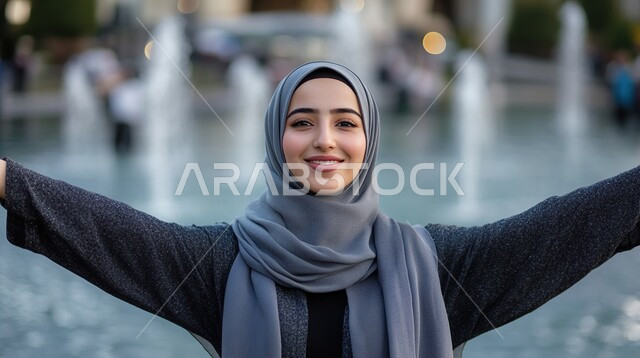 النظر الى الكاميرا بتعابير الفوز والكسب، ايماءات الفرح للانتهاء من انجاز شيء معين، مفهوم النجاح و تحقيق الاهداف، صورة مقربة لامرأة عربيه خليجيه سعوديه محجبه ترتدي عباءة باللون الأسود ترفع يديها للأعلى بحركات التشجيع والحماس