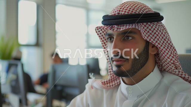 مهن ووظائف ادارية مكتبية, إنجاز المهام العمل المطلوبة ، دمج العمل مع التقنيات والتكنولوجيا، مفهوم إدارة شؤون الأعمال وتنظيمها عبر الاجهزة التقنية، صورة مقربة لرجل اعمال عربي خليجي سعودي يجلس على المكتب ينظر الى مكان ما