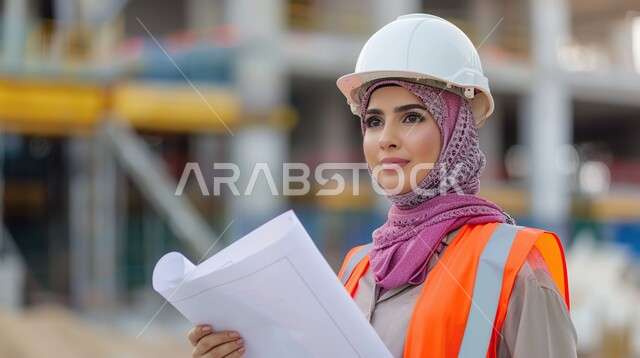 متابعة الأعمال الهندسية, صورة مقربة لمهندسة عربية خليجية سعودية مبتسمة ترتدي خوذه الحماية وسترة العمل تقف بإيماءات الثقة والفخر, المخططات الانشائية المعمارية, تطور وتنمية السعودية بمجال الهندسة والبناء على يد أبناء الوطن