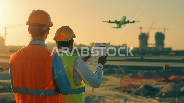 حوارات ونقاشات عمل، مهندسان معماريان عربيين خليجيين سعوديين يرتديان سترة وخوذة الحماية يتناقشان في ورقة مخطط البناء، العمل في موقع البناء، التدقيق والاشراف على سير المشروع