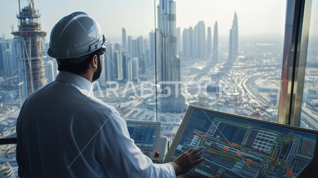 بيئة عمل مريحة ضمن الشركات السعودية، التخطيط للمشاريع الهندسية، نوافذ وواجهات زجاجية مطلة على الأبراج، صورة مقربة من الخلف لمهندس عربي خليجي سعودي يقوم بالعمل على مخطط مشروع