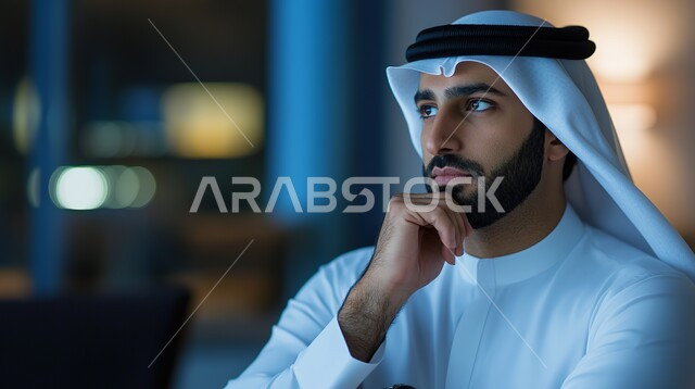 النظر بشرود إلى مكان ما, إيماءات الحيرة والقلق, التمعن والتركيز والتخطيط للمستقبل، صورة مقربة لرجل عربي خليجي اماراتي يرتدي الثوب التقليدي والغترة يضع يده على ذقنه ينظر بعيداً بإيماءات وتعابير التفكير والتأمل