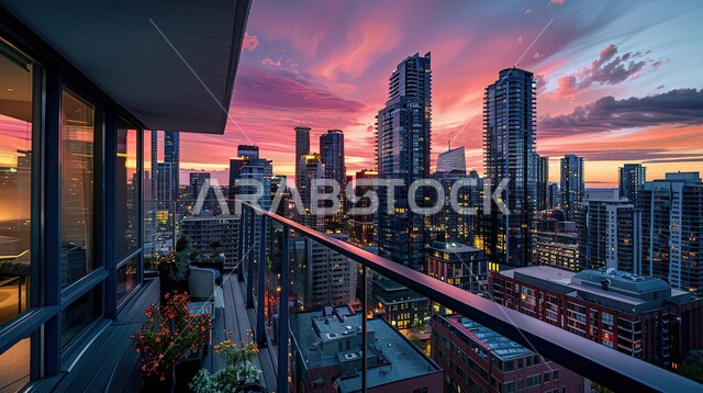 منظر تخيلي للأبراج والمباني من شرفة المنزل، النمو والتقدم العمراني, الفنون و التصاميم الهندسية المعمارية الحديثة لناطحات السحاب في المملكة، رؤية مستقبلية سعودية 2030، مفهوم الاسترخاء والاستمتاع بالاجواء الهادئة