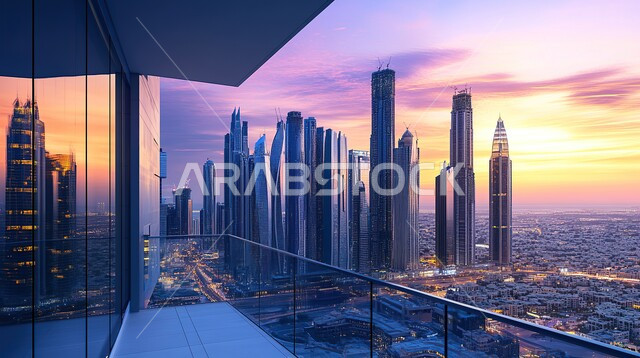 منظر تخيلي للأبراج والمباني من شرفة المنزل، النمو والتقدم العمراني, الفنون و التصاميم الهندسية المعمارية الحديثة لناطحات السحاب في المملكة، رؤية مستقبلية سعودية 2030، مفهوم الاسترخاء والاستمتاع بالاجواء الهادئة