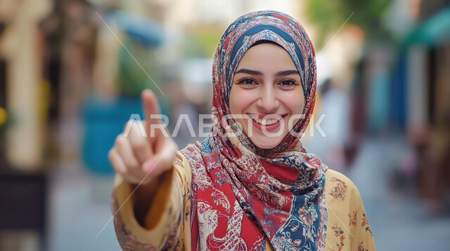 إيماءات الفرح والاطمئنان برؤية الأشياء السارة، صورة مقربة لإمرأة عربية سعودية خليجية محجبة تشير الى شيء ما باصبعها السبابة وتنظر الى الكاميرا بايماءات السعادة والسرور، الاهتمام بالمظهر الخارجي والأناقة