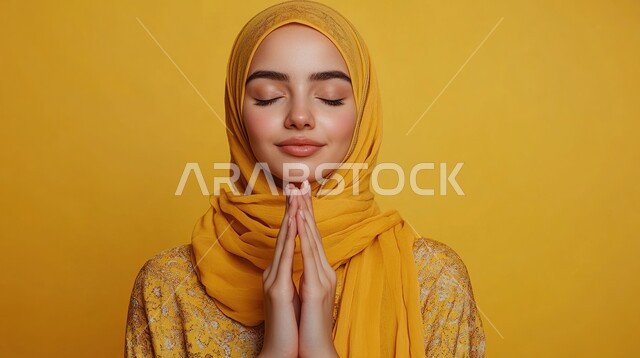 Closing eyes for meditation and absent-mindedness, portrait of a veiled Saudi Arabian Gulf woman wearing a colorful abaya sitting on a comfortable chair and putting her hands under her chin with gestures of relaxation, feeling sleepy and needing rest and sleep, yellow background