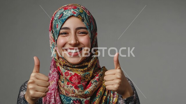 علامة الجودة و الامتياز، النظر الى الكاميرا بتعابير السرور, سيدة سعودية تشعر بالإعجاب والرضى، بورتريه لامراة عربية خليجية مبتسمة محجبة ترفع اصبع الابهام للاعلى بإيماءات القبول و الموافقة، خلفية رمادية