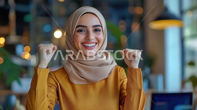 Success and achieving goals, the concept of joy in victory and triumph, expressions of pleasure and happiness, a close-up of a smiling veiled Saudi Arabian Gulf woman wearing an abaya raising her hands and looking at the camera with gestures of enthusiasm, interest in outward appearance and elegance
