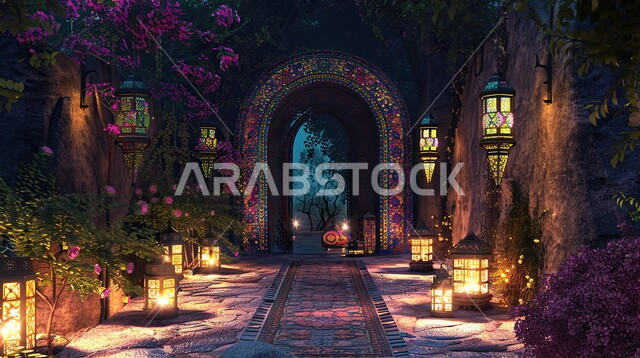Ramadan decorations and accessories to celebrate the arrival of the holy month, a wooden door in the ancient Arabic style, Islamic decorations and ornaments, luxurious and modern interior decorations, Islamic geometric art, modern Arabic style decorative door designs