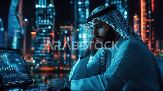 انجاز مهام العمل اليومية، رجل عربي خليجي سعودي يرتدي الثوب التقليدي والشماغ يعمل في مجال تكنولوجيا المعلومات يجلس أمام الحاسوب المحمول، استخدام الأجهزة والتقنيات الحديثة لتسهيل الأعمال، مهن ووظائف سعودية