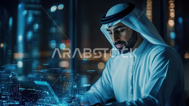 انجاز مهام العمل اليومية، رجل عربي خليجي سعودي يرتدي الثوب التقليدي والشماغ يعمل في مجال تكنولوجيا المعلومات يجلس أمام الحاسوب المحمول، استخدام الأجهزة والتقنيات الحديثة لتسهيل الأعمال، مهن ووظائف سعودية