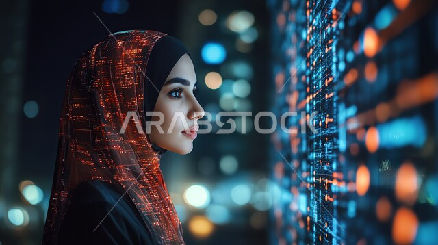 تطور التقنية والتكنولوجيا الرقمية للوجه، الذكاء الإصطناعي والتطور الجديد، اشكال ورسومات ثلاثية الابعاد، تكنولوجيا المستقبل الحديث, صورة مقربة لإمرأة عربية سعودية خليجية محجبة من الجانب تنظر إلى الشاشة الرقمية، شبكة بيانات ضخمة متطورة