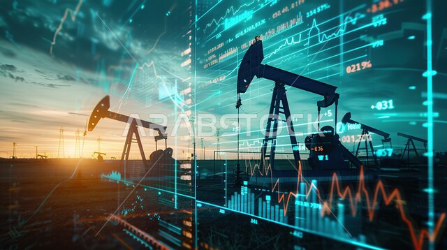 تداول العملة الرقمية، ارتفاع وانخفاض الأسهم في سوق البورصه، مجسم ثلاثي الابعاد لمضخة الزيت أمام مخطط الأسهم، دمج التكنولوجيا المتطورة مع العمل، إنجاز وتحقيق أهداف الشركة، الرسوم البيانيه الهولوجراميه على الشاشات الالكترونيه المضيئه