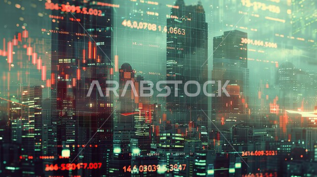 Cryptocurrency trading, stock market rise and fall, 3D model of oil pump in front of stock chart, integration of advanced technology with work, achievement and realization of company goals, holographic charts on illuminated electronic screens