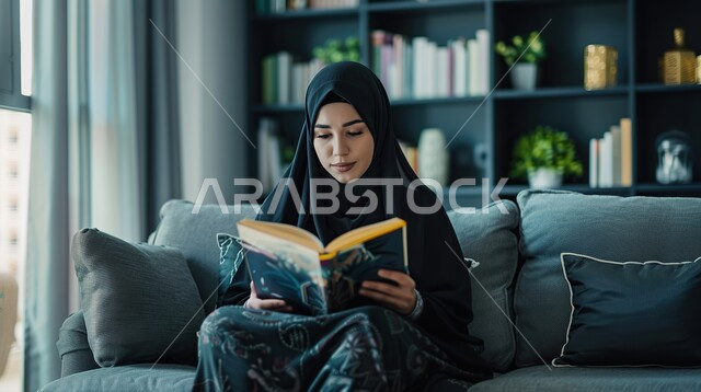 قضاء وقت الفراغ بالتعلم والثقافة، هواية القراءة والاستكشاف، مفهوم التثقيف والبحث العلمي، شابة عربية خليجية سعودية ترتدي العباية والحجاب تجلس على كنبة مريحة تقوم بقراءة كتاب ما