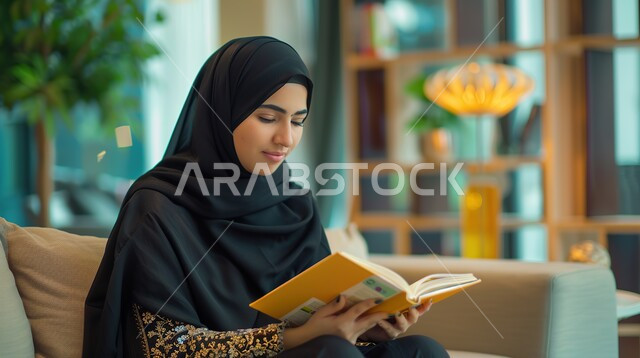 قضاء وقت الفراغ بالتعلم والثقافة، هواية القراءة والاستكشاف، مفهوم التثقيف والبحث العلمي، شابة عربية خليجية سعودية ترتدي العباية والحجاب تجلس على كنبة مريحة تقوم بقراءة كتاب ما
