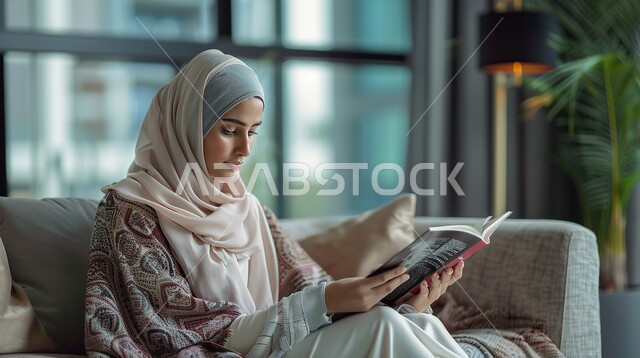 قضاء وقت الفراغ بالتعلم والثقافة، هواية القراءة والاستكشاف، مفهوم التثقيف والبحث العلمي، شابة عربية خليجية سعودية ترتدي العباية والحجاب تجلس على كنبة مريحة تقوم بقراءة كتاب ما