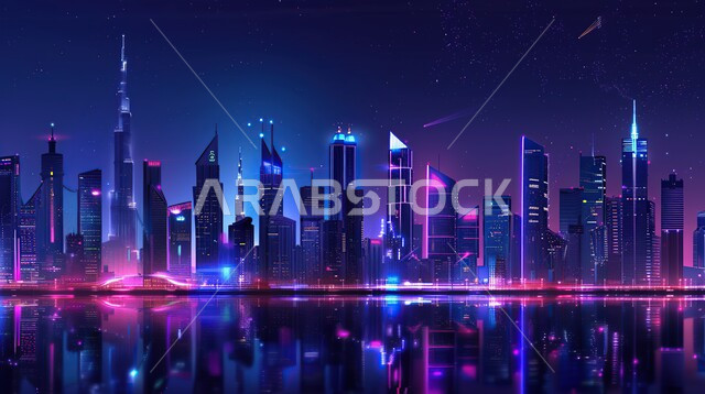 إنعكاس أضواء وإنارة الأبراج على مياه البحر ليلا، الفن الهندسي المعماري للأبراج وناطحات السحاب، النمو والتطور العمراني للمباني في دولة الإمارات، معالم دبي السياحية المشهورة، مناظر طبيعية سياحية