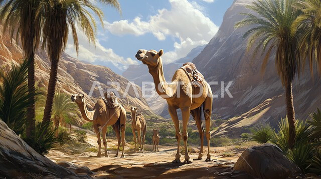 A group of camels standing in the middle of the desert of Saudi Arabia, interest in raising camels and camels, sand dunes and desert areas, concept of livestock and mammal care, rock formations and landscapes in deserts